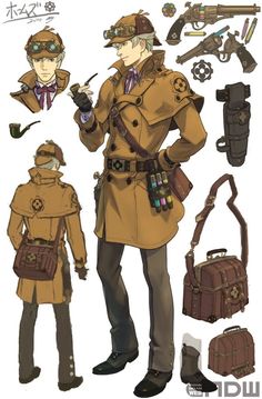 a character design sheet for a steampunk detective. the character wears a brown trench coat, matching pants, a white shirt and a brown tie. he has brown hair and grey eyes and is accessorized with a deerstalker cap, goggles, a magnifying glass, a pipe, a revolver, a holster and a bag. there are front and side views of the character, as well as closeups of his head and accessories. the background is white.