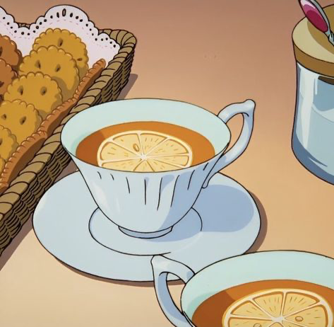 the image is an animestyle illustration of a cozy scene depicting a table setting with a cup of tea.  a light blue teacup and saucer hold a cup of tea with a lemon slice. beside it is a basket of cookies or biscuits, and another teacup and saucer is partially visible in the lower right corner, also seeming to contain lemon tea. a small glass jar, possibly for sugar, sits in the upper right. the overall style is soft, pastelcolored, and reminiscent of  vintage anime artwork. the scene evokes a feeling of warmth and tranquility.