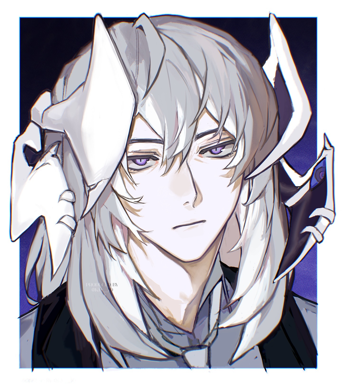 this is a digital art portrait drawing of a young man. he has a pale complexion with striking purple eyes and long white hair. he's wearing a darkcolored collared shirt or jacket with a partially obscured design. there's a fantastical element to the image, with stylized shapes framing his face, suggesting otherworldly accessories or features.  the drawing style is soft and slightly painterly, creating a delicate and somewhat ethereal feel.