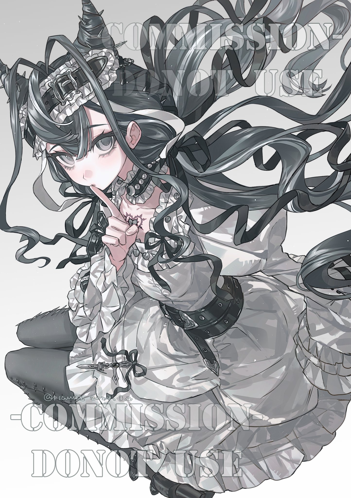 an anime girl with black and white coloring is depicted in the image. she is wearing a dress with frills and ribbons, and a thick belt. she is holding her finger to her lips, gesturing for silence. her hair is adorned with a unique accessory. the style appears to be inspired by gothic lolita fashion.