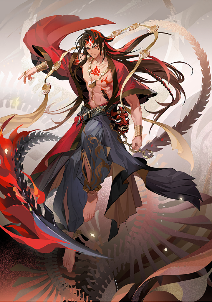 this image features a male anime character with long, dark hair. he is dressed in a red robe with a long, black and blue skirt. his chest is bare and he is holding a weapon shaped like a dragon's head with red and black scales, and a golden chain with a red mask hanging off of his hip. he is standing in a pose as if he is about to attack. the background is grey and blurry.