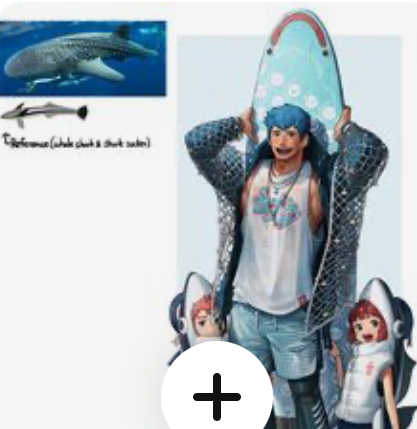 the illustration features a tanskinned man with blue hair and a friendly expression, holding a surfboard designed with whale shark patterns. he's wearing a blue fishnetlike overshirt, blue shorts, and a white tshirt featuring an illustration of a whale shark. two children with white hair, dressed in white and blue, stand beside him. the smaller child on the left holds a plush whale shark. the background is white with a small educational illustration in the top left corner depicting the size difference between a whale shark and a scuba diver.