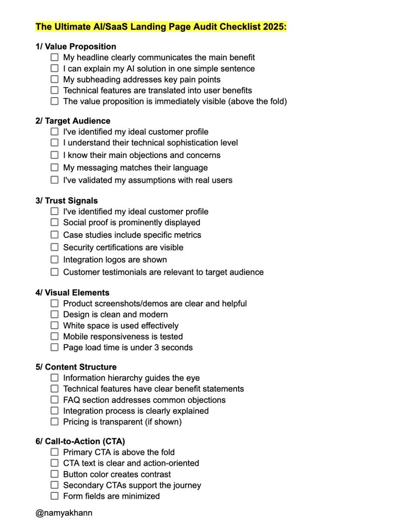 the image contains a checklist titled "the ultimate ai/saas landing page audit checklist 2025."  it's a detailed, pointbypoint guide for auditing a landing page, categorized into six sections: value proposition, target audience, trust signals, visual elements, content structure, and calltoaction (cta). each section includes multiple checkboxes with specific criteria to evaluate. the checklist covers various aspects of landing page effectiveness, from the clarity of messaging and target audience understanding to design elements and calltoaction optimization.  the bottom of the checklist shows a twitter handle (@namyakhann).