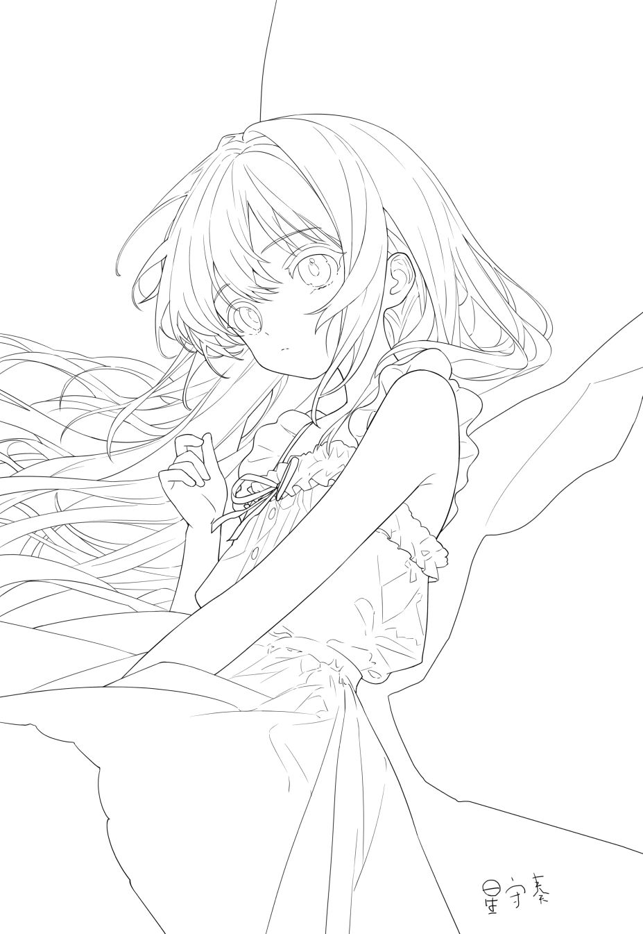 the image is a line art illustration of an anime girl. she has long hair and is wearing a dress. the style is reminiscent of manga. the image is monochrome, consisting only of black lines on a white background.