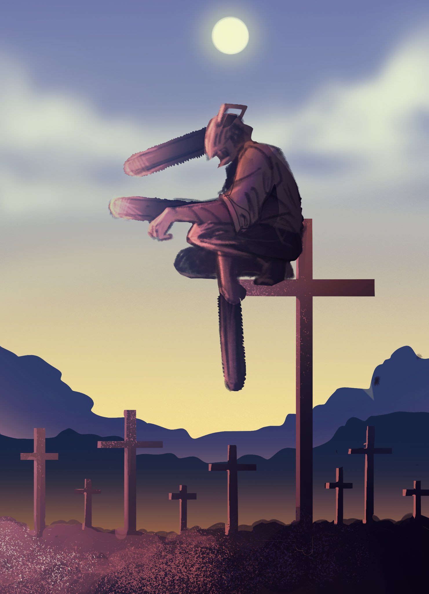 a silhouette of a figure holding a chainsaw sits on a cross in a graveyard at dusk. the setting sun casts a warm glow on the mountains in the background.