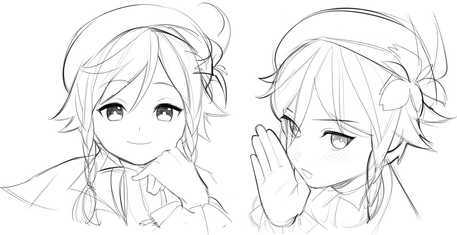 the image is a sketch of a girl's face in two different expressions. the left side shows her with a calm demeanor and a slight smile, while the right side portrays her blushing and looking slightly away with her hand near her face, as if whispering a secret. the art style is reminiscent of anime and manga, with large eyes and stylized features.