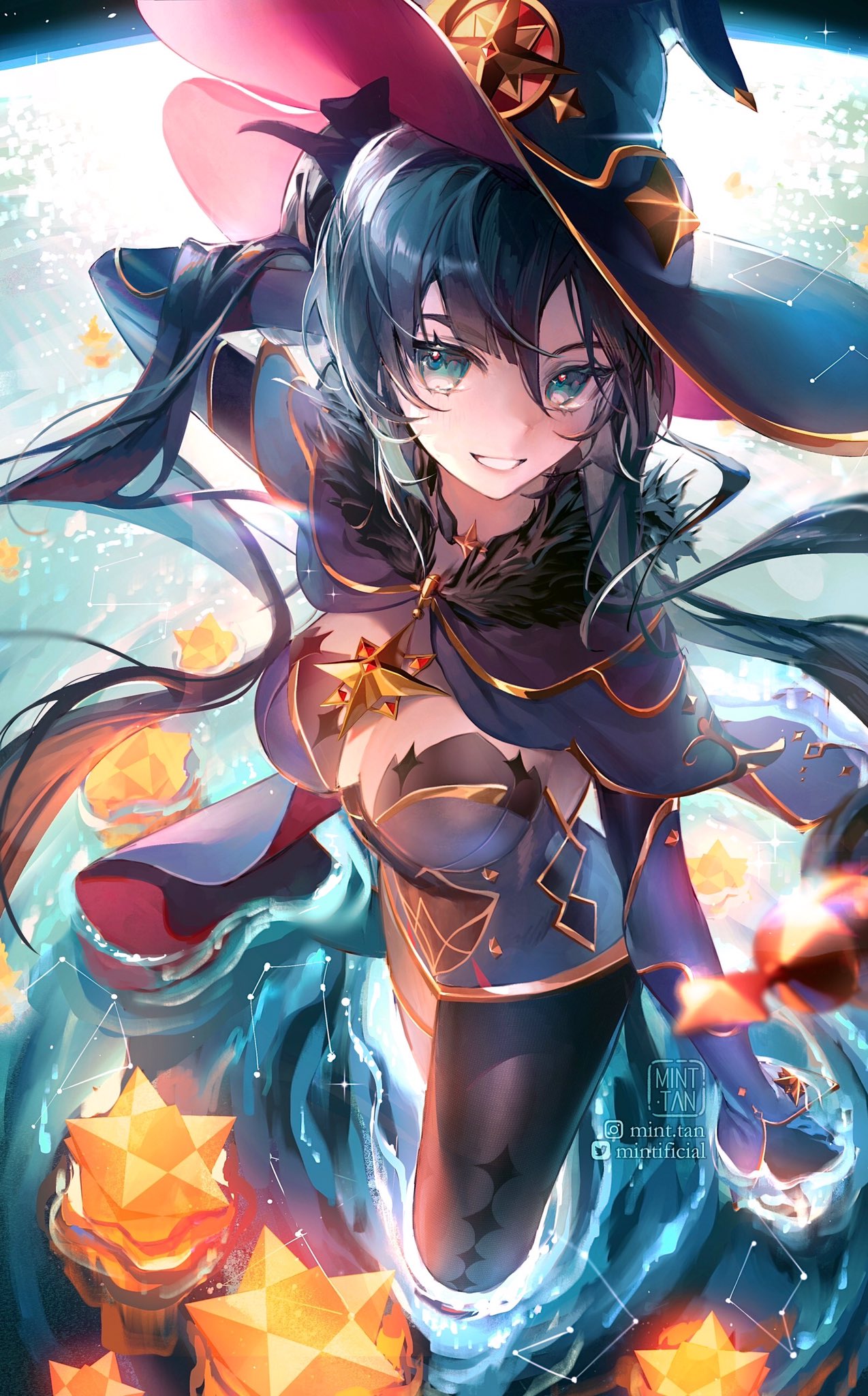 the image features an anime girl dressed as a witch. she is wearing a large, pointed hat with stars on it and a blue and purple dress. she has long blue hair and is smiling. the girl is surrounded by orange stars and sparkles. the background is a blue and purple sky with stars.  the image is full of vibrant colors and details. the girl's outfit is very intricate and her expression is full of joy and wonder.