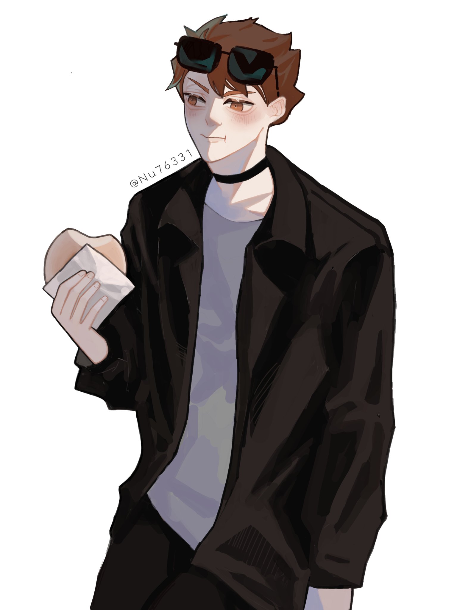 this is a digital illustration of a young anime male character. he has brown hair, wearing a black jacket, sunglasses, and holding a white paper bag in his left hand, likely containing food, with a smirk on his face. the background is white, with a faint glow of light coming from the top.