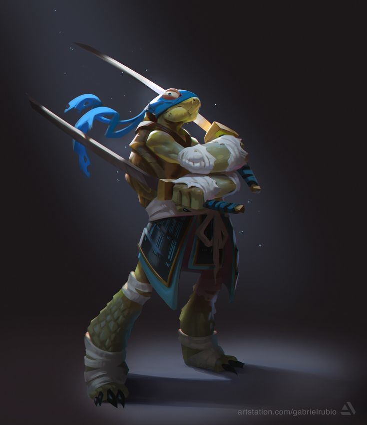 a digital painting of leonardo, a ninja turtle, in a warrior pose. he is holding two katanas, with his blue bandana tied around his head. the illustration is set in a dark background, highlighting leonardo's figure.