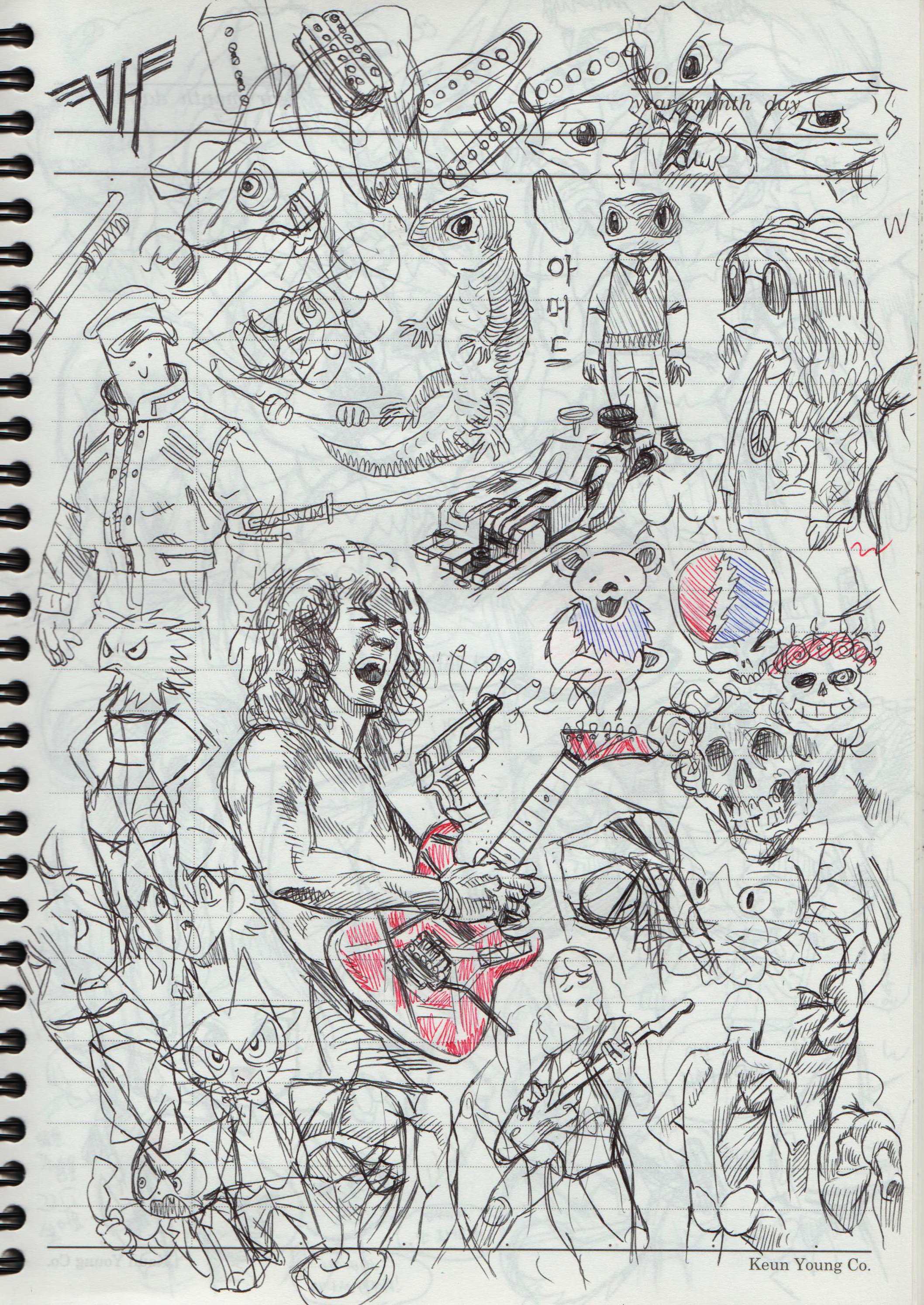 a closeup shot of a sketchbook page filled with doodles and drawings. the main subject is a person playing an electric guitar. the sketch is drawn in a very expressive style with bold lines and shading. surrounding the guitar player are various other doodles including an animal, bear, skull, and other abstract shapes. the background is a messy grid and there are words and numbers scribbled throughout. the page has a unique and artistic look, conveying a sense of energy and creativity.  the style of the drawing is reminiscent of rock and roll music, with a focus on guitar, music, and people. the overall effect is one of raw energy and artistic expression.