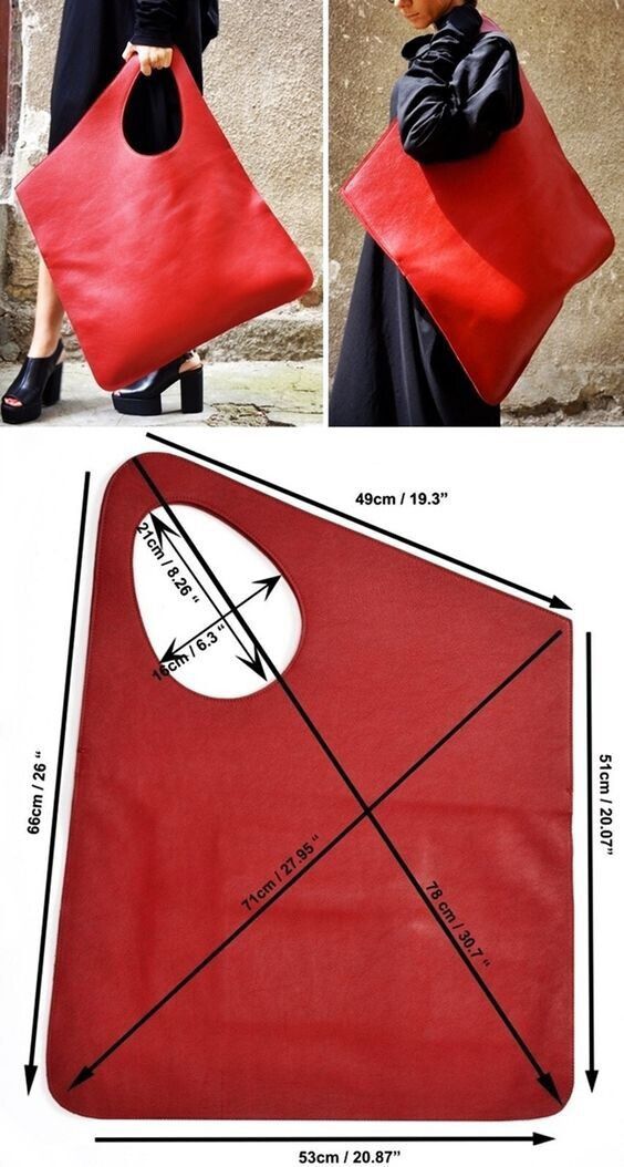 the image contains multiple views of a red handbag and a diagram outlining its dimensions. the handbag is a large, rectangular tote with a circular cutout handle. the diagram provides measurements of various parts of the bag in both centimeters and inches, including the overall height and width, as well as the dimensions of the handle. the image also includes pictures of women wearing the bag, one standing and the other walking.