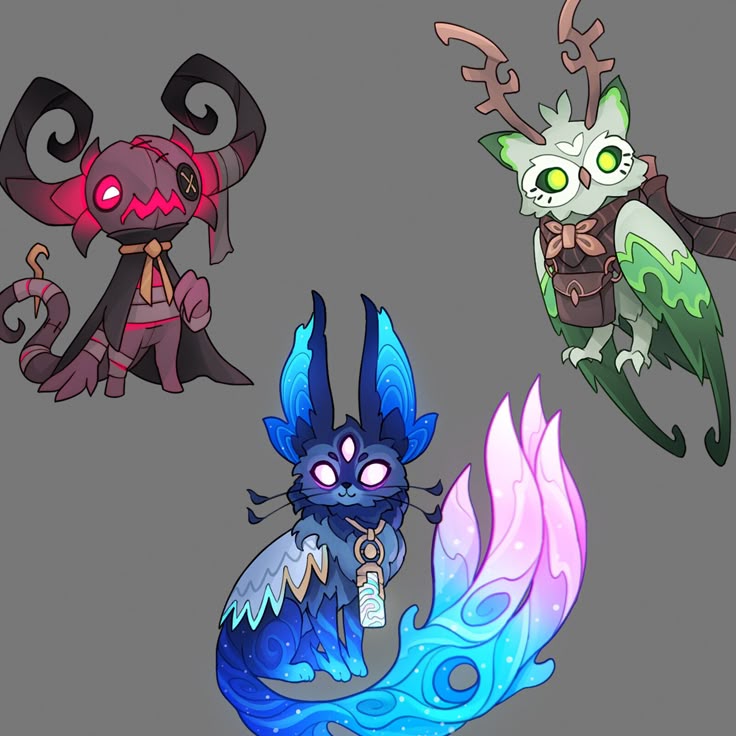 the image shows three cartoon monsters. there is a purple monster with curly horns, a stitched face, and a hook tail wearing a cape. there is an owl with deer antlers wearing a cape and a pouch. there is a threeeyed blue cat with a glowing tail and a pendant. all of the monsters are set against a grey background.