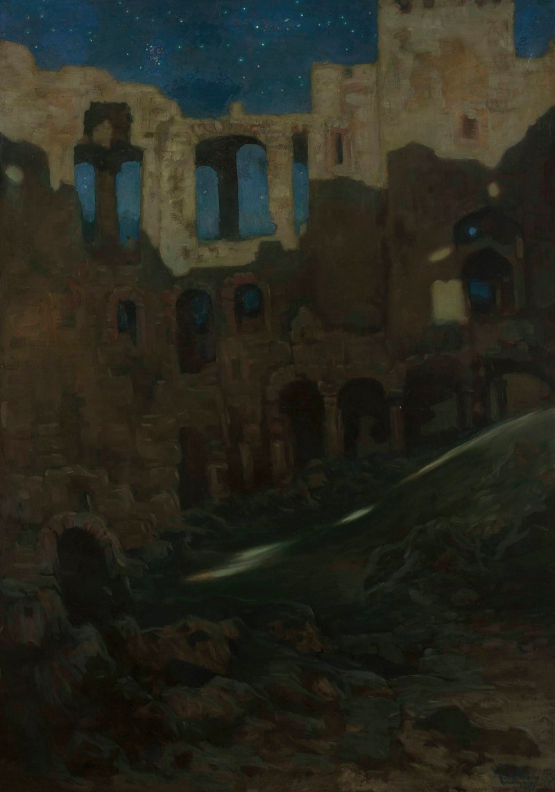 the image is a painting depicting a night scene of ancient ruins. the ruins are made of stone and feature arches, columns, and dilapidated walls. the sky is dark blue with stars, suggesting a night scene. light and shadows play dramatically across the ruins, highlighting certain architectural features. the overall atmosphere is historical, mysterious, and slightly melancholic due to the ruined state of the buildings. moonlight or a similar light source illuminates a path or area in the foreground.