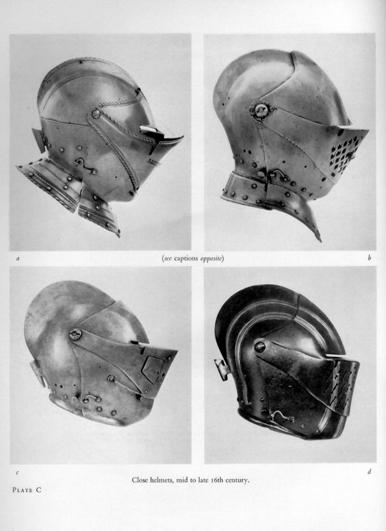 a black and white photo plate labeled "plate c" showcasing four closeup images of medieval helmets from different angles. the helmets are metallic and exhibit intricate details.  a caption below the images states: "close helmets, mid to late 16th century."