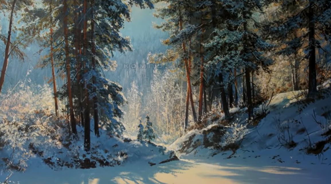 this is a painting depicting a snowcovered forest in winter. tall pine trees line a snowy path, their branches heavy with snow. sunlight filters through the trees, casting long shadows on the snow. the scene evokes a sense of tranquility and the beauty of nature in winter.