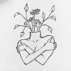 a line drawing of a person with their arms wrapped around their body. the person's head is a vase filled with flowers and leaves. the illustration is simple and minimalist, with fine black lines on a white background.  the flowers are delicate and the leaves are flowing. the human figure is  wrapped in a loving embrace.