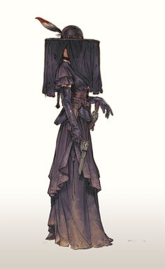 a fullbody illustration of a woman in a long, tiered dress and a widebrimmed hat with a veil obscuring her face.  she is holding a revolver in her right hand, partially hidden by the fabric of her dress. the overall color scheme is muted with various shades of gray and purple. her attire and the weapon suggest a wild west gunslinger theme. the white background emphasizes the character and creates a sense of isolation.