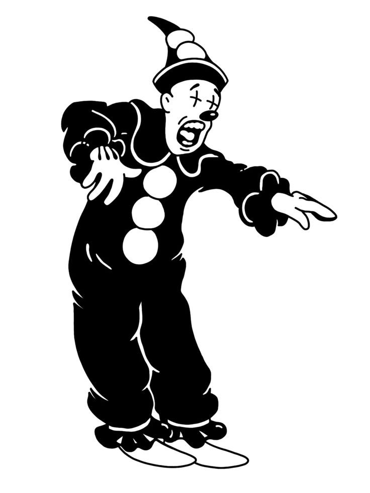 this is a black and white illustration of a clown. he is pointing to his left and appears to be yelling.