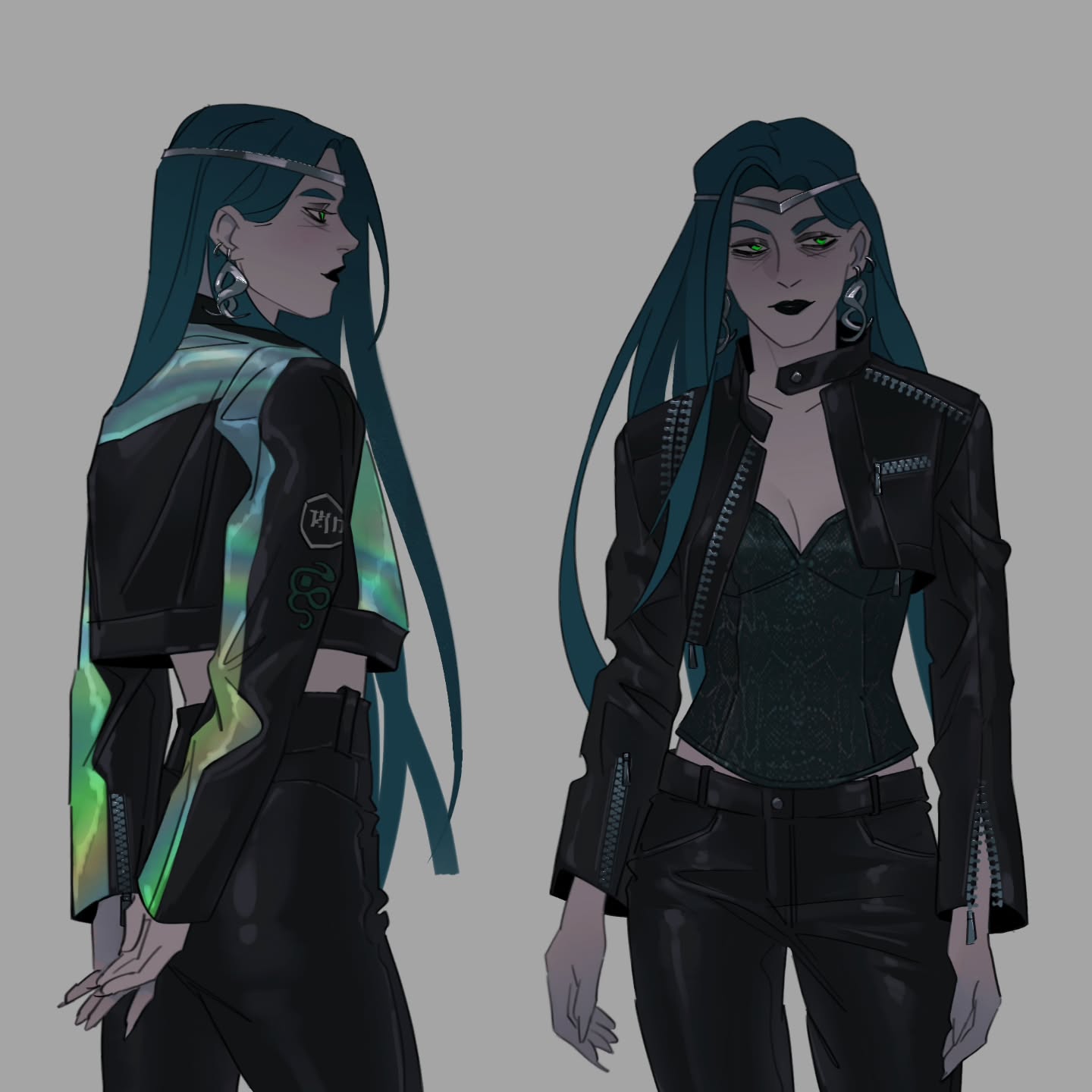 the image showcases a digital illustration of a female anime character presented in two views: a side profile and a front view.  the character is styled in a dark and edgy cyberpunk or goth aesthetic. she has long teal hair, wears a black leather jacket with iridescent holographic details on the sleeves and a dark corset top with black pants.  she also has several accessories, including earrings and a headband. the artwork is detailed, showing the texture of the clothing and the character's features clearly.  the background is a plain grey, focusing attention entirely on the character's design.