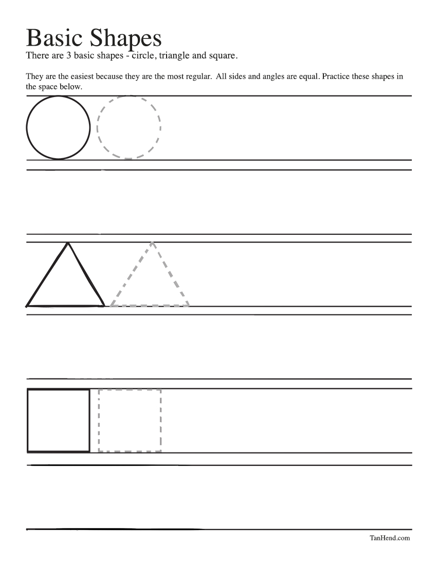 he image is a worksheet designed to teach children about basic shapes. it features three main shapes: a circle, a triangle, and a square.  the worksheet provides space for children to practice tracing and drawing these shapes, reinforcing their understanding of their properties.  the instructions clearly explain that the shapes are "regular," meaning all sides and angles are equal.  solid lines and dashed lines are used to guide children through tracing.  there is a copyright notice at the bottom.