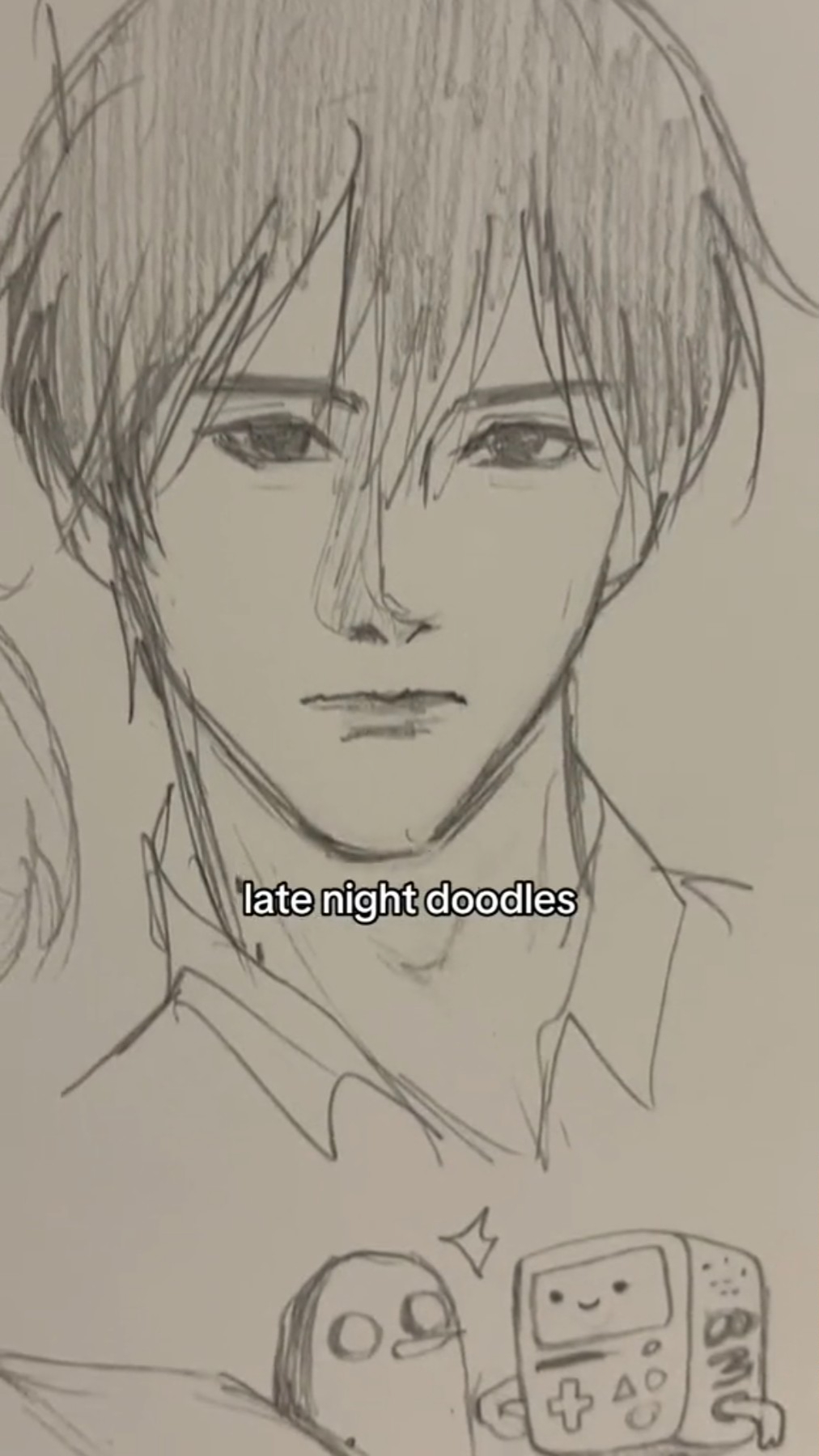 a pencil drawing of an anime character, looks like a young man, closeup of his face. the drawing is captioned "late night doodles"
