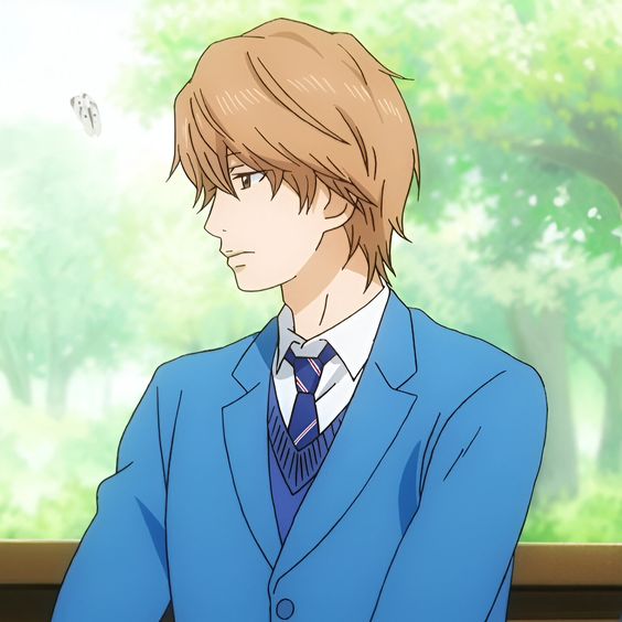this is an animestyle illustration of a young man with brown hair and blue eyes wearing a blue school uniform. he is shown from the chest up, looking to the left with a serious or contemplative expression on his face. the background is a soft green and blue, suggestive of trees and a bright day. the overall aesthetic is gentle and evocative of sliceoflife anime genres.