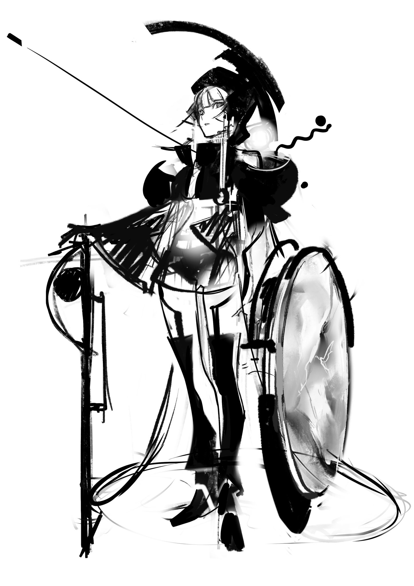 a black and white sketch of a female character in a stylized, futuristic outfit holding a large, circular object that resembles a shield or a drum. she has a flowing garment and what appears to be a weapon or tool strapped to her back. the style is loose and expressive, with bold brushstrokes.