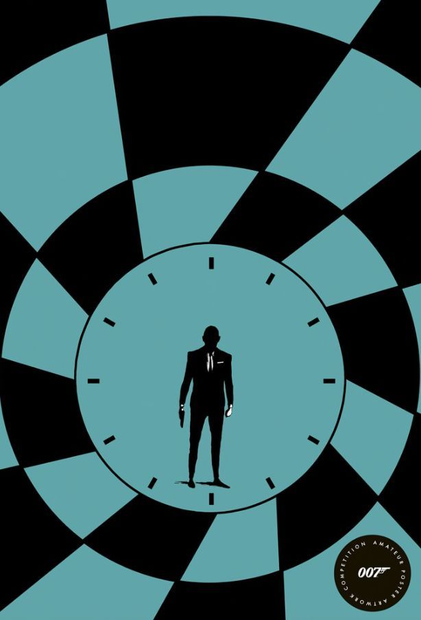 the image is a stylized poster or artwork featuring a silhouette of a man in a suit holding a gun, likely representing james bond. the figure is centered within a turquoise circle marked with clock face increments, suggesting time. this circle is surrounded by concentric circles of alternating turquoise and black, creating a hypnotic or targetlike effect. the artwork includes text indicating it is part of a competition amateur poster network artwork.