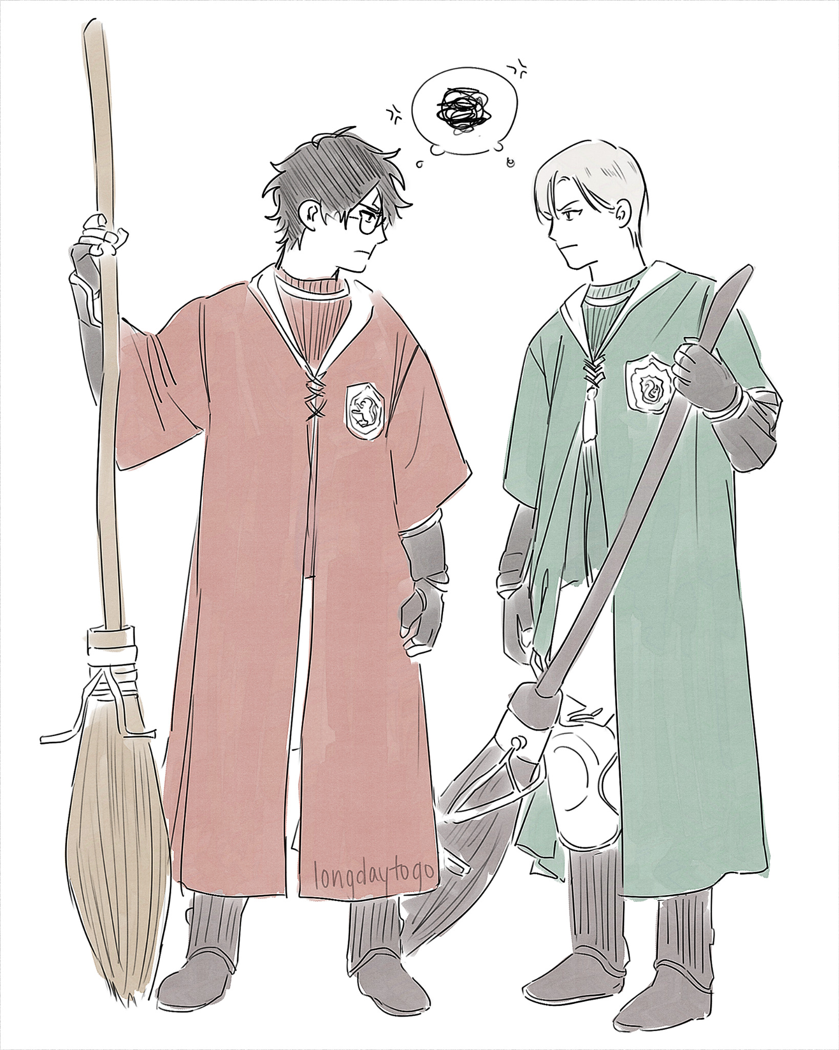 a digital drawing in an anime style depicts two boys, one in a gryffindor robe and the other in a slytherin robe. they appear to be in a minor argument, and both hold broomsticks. the gryffindor boy holds a broom with a strawlike head, while the slytherin boy's broom has a metallike head. above the slytherin boy's head, there is a thought bubble with a scribbled, frustrated expression. the style is minimalist, and the lines are soft. the background is plain white.