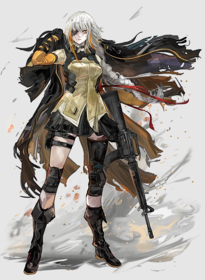 an anime style illustration of a female soldier with long white hair, a yellow and black coat, and an eyepatch. she is standing holding a rifle in one hand. she is looking at the viewer with a serious expression. the background is a blurry, gray color.