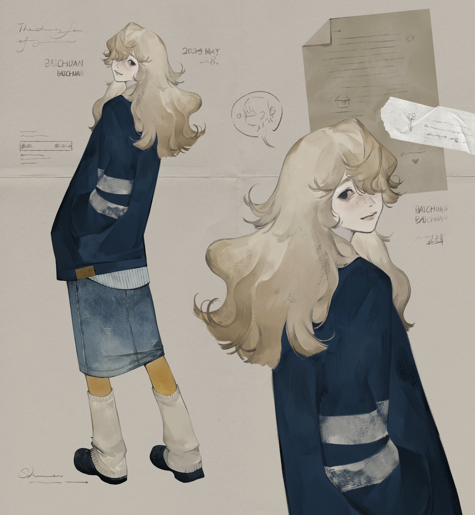 an illustration of two anime girls with long blonde hair, one wearing a blue sweater, jeans, and white socks, and the other wearing a blue sweater and jeans. both girls are looking to the left, and their expressions are somewhat sad. the background is a light gray and brown paper with some scribbled text on it. the image has a slightly melancholic mood.