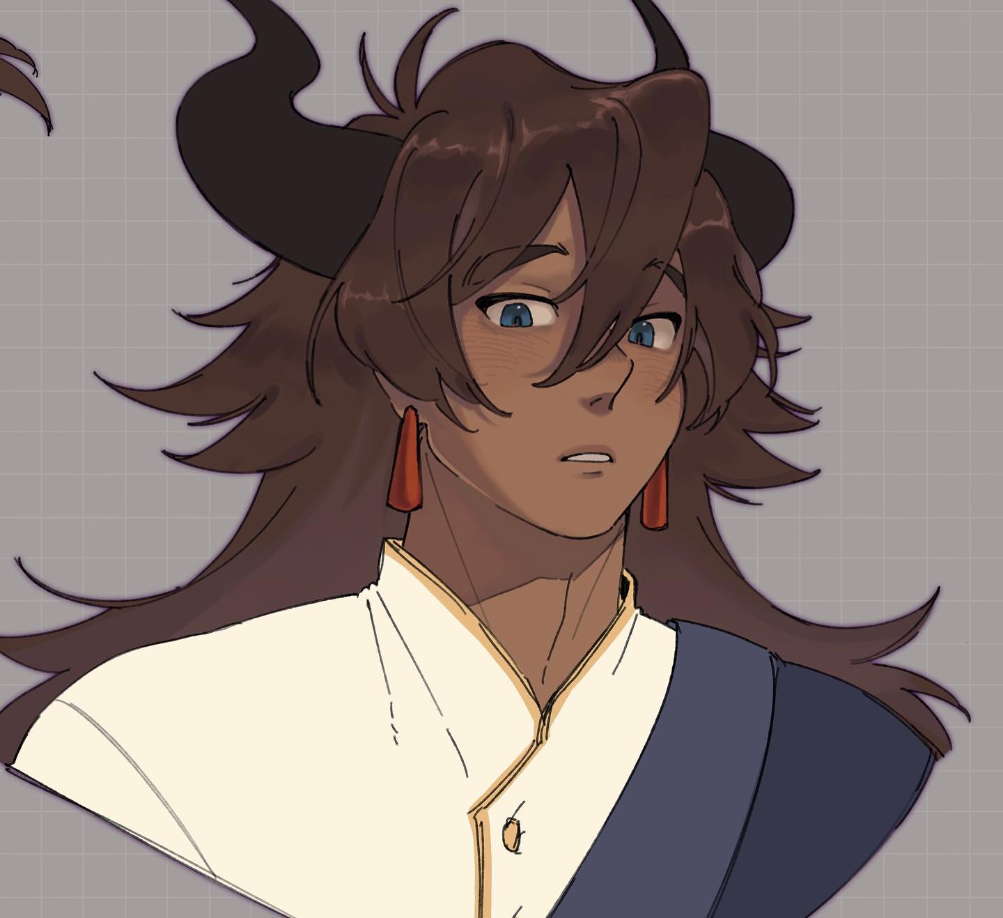 the image is a digital illustration of a male character in an animeinspired style.  he has long, dark brown hair and prominent horns curving back from his head. his skin is tan, and he has striking blue eyes. he's wearing a collared, creamcolored shirt with gold trim, and a dark blue robe or sash over one shoulder. his expression is serious or neutral, almost pensive.  the art style is relatively soft and painterly, with some visible brushstrokes, especially in the hair. the background is a simple, muted gray grid. the overall feel is one of fantasy or perhaps historical fiction.