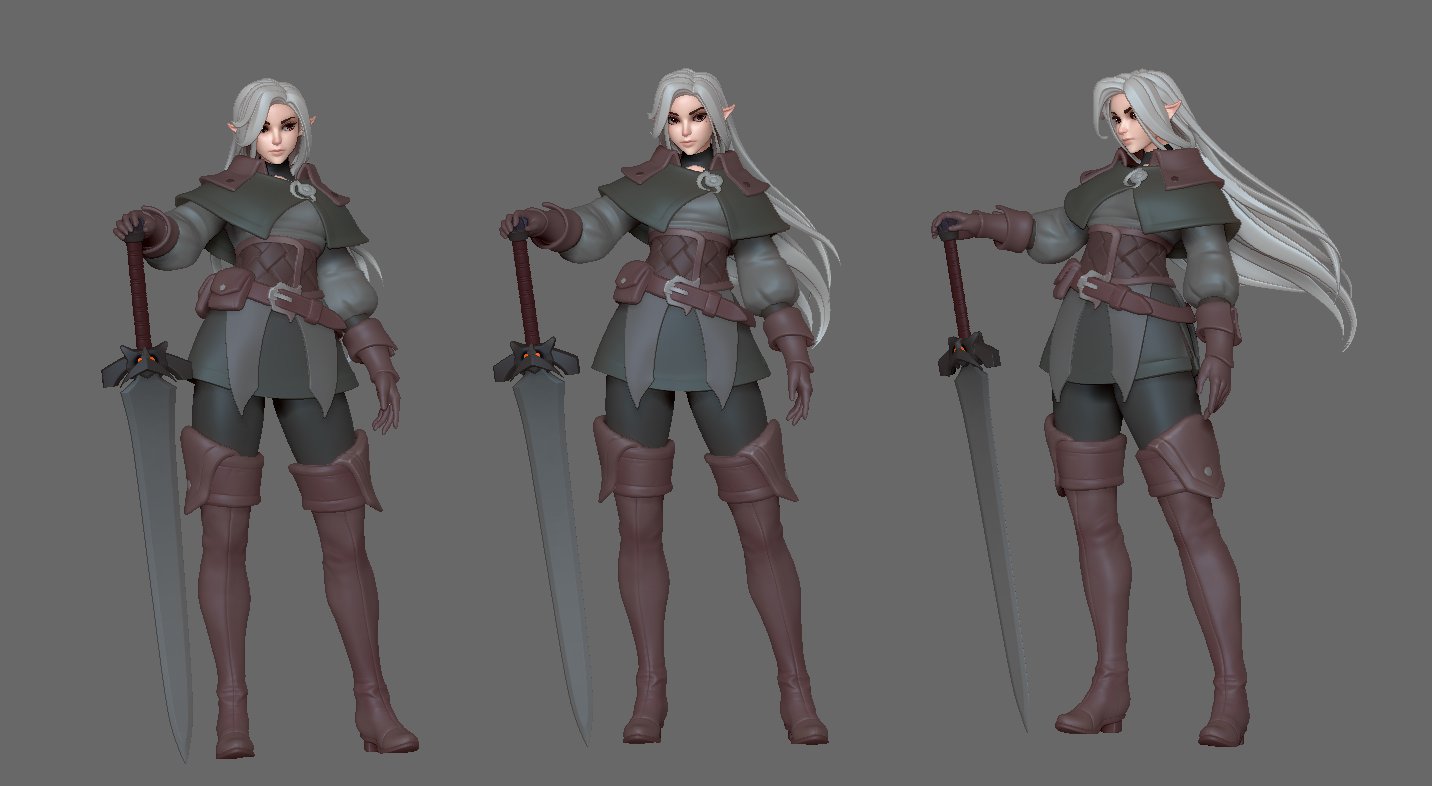 this is a 3d illustration of a female elf warrior with long white hair. she is wearing armor and boots, and she is holding a sword. she is posing in a warriorlike stance, ready to fight.