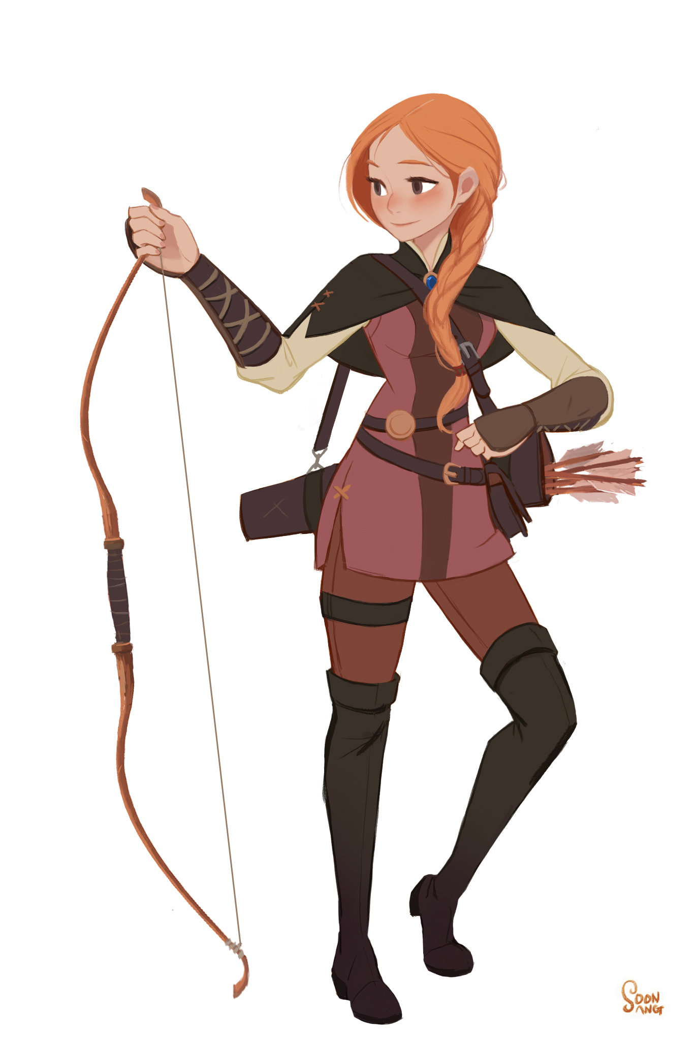 the image showcases a female character, likely a ranger or archer, standing against a white background. she has long, red hair styled in a braid and wears a practical, fantasyinspired outfit in muted reds and browns.  her attire includes a tunic, leggings, boots, a hooded cape, and various belts and pouches. she confidently holds a wooden bow in her left hand and rests her right hand on a quiver full of arrows strapped to her thigh.
