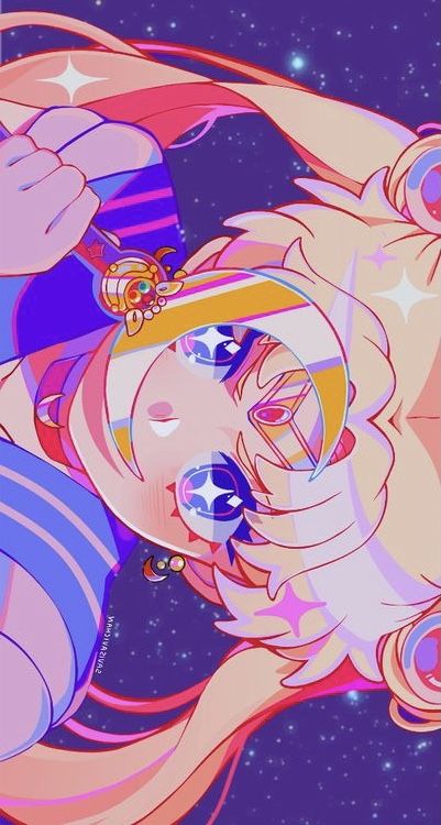 this is a digital illustration featuring a cute anime girl with long pink hair in a sailor moon inspired outfit, she is surrounded by sparkling stars, a crescent moon and is looking at the camera. the illustration has a pink, blue, and purple aesthetic.