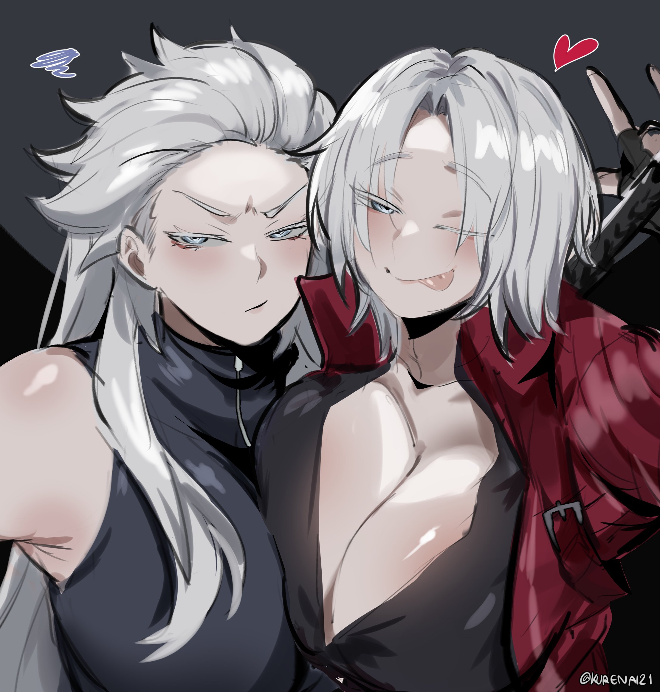 two anime girls are posing for a photo. the girl on the left has long white hair and is wearing a black top. she is looking at the camera and smiling. the