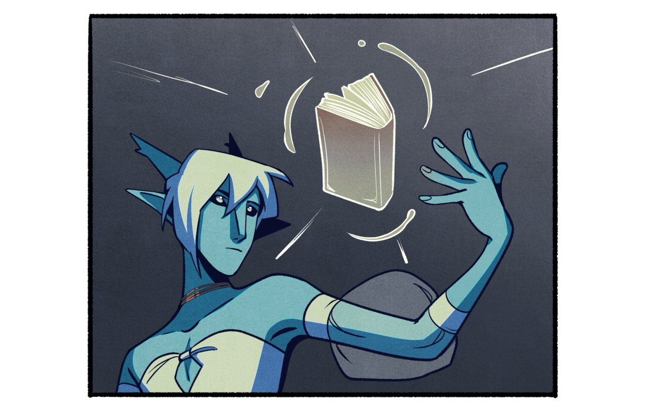 the image depicts a female character, possibly an elf or drow, with blue skin and white hair, dressed in a white, grecianinspired dress. she is shown casting a spell, her right hand outstretched towards a levitating book. the book is surrounded by a faint white glow, emphasizing its magical nature. the background is a dark bluegrey, providing a stark contrast to the character and the magical effect. the overall lighting is dramatic, with a spotlight effect highlighting the character and the book. the perspective is slightly low, making the character appear larger and more imposing.