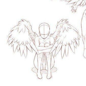 a sketch of an anime angel with large wings sitting on a bench or ledge with their arms crossed, their body is shown as a simple outline.