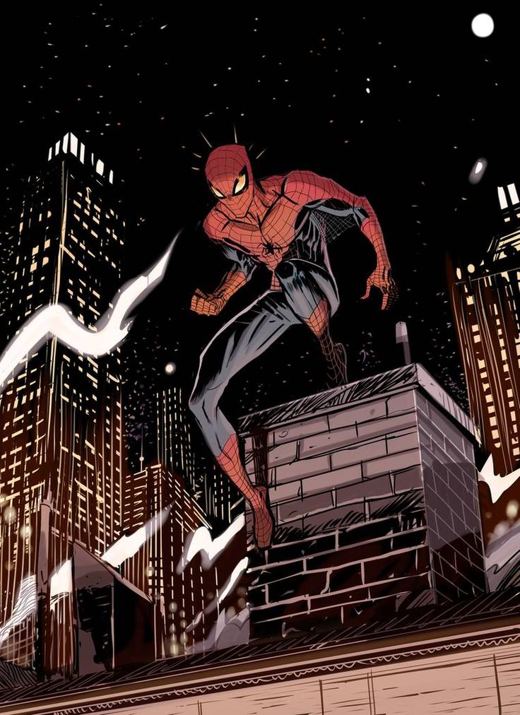 spiderman is seen leaping off a building in a cityscape. the cityscape is dominated by tall skyscrapers and a starry night sky. he is in his red and blue suit, with his webshooters.