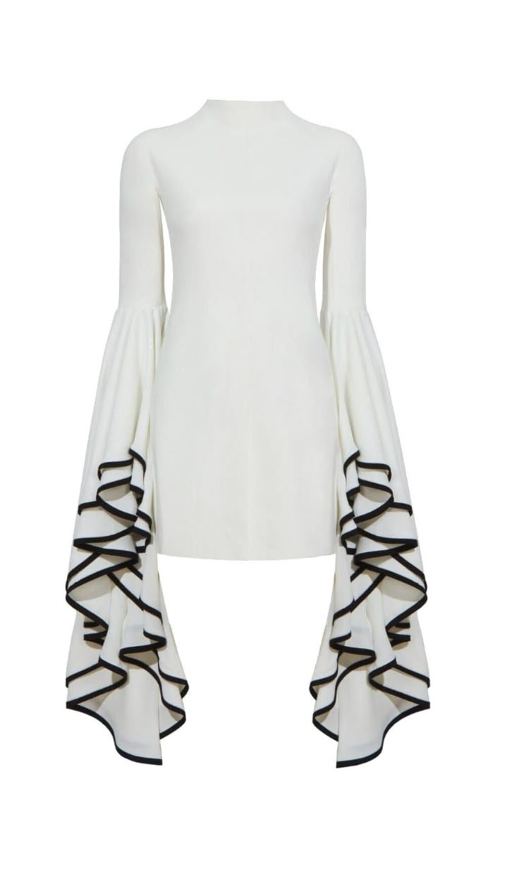 a white mini dress with a mock neck and long, ruffled sleeves trimmed in black.