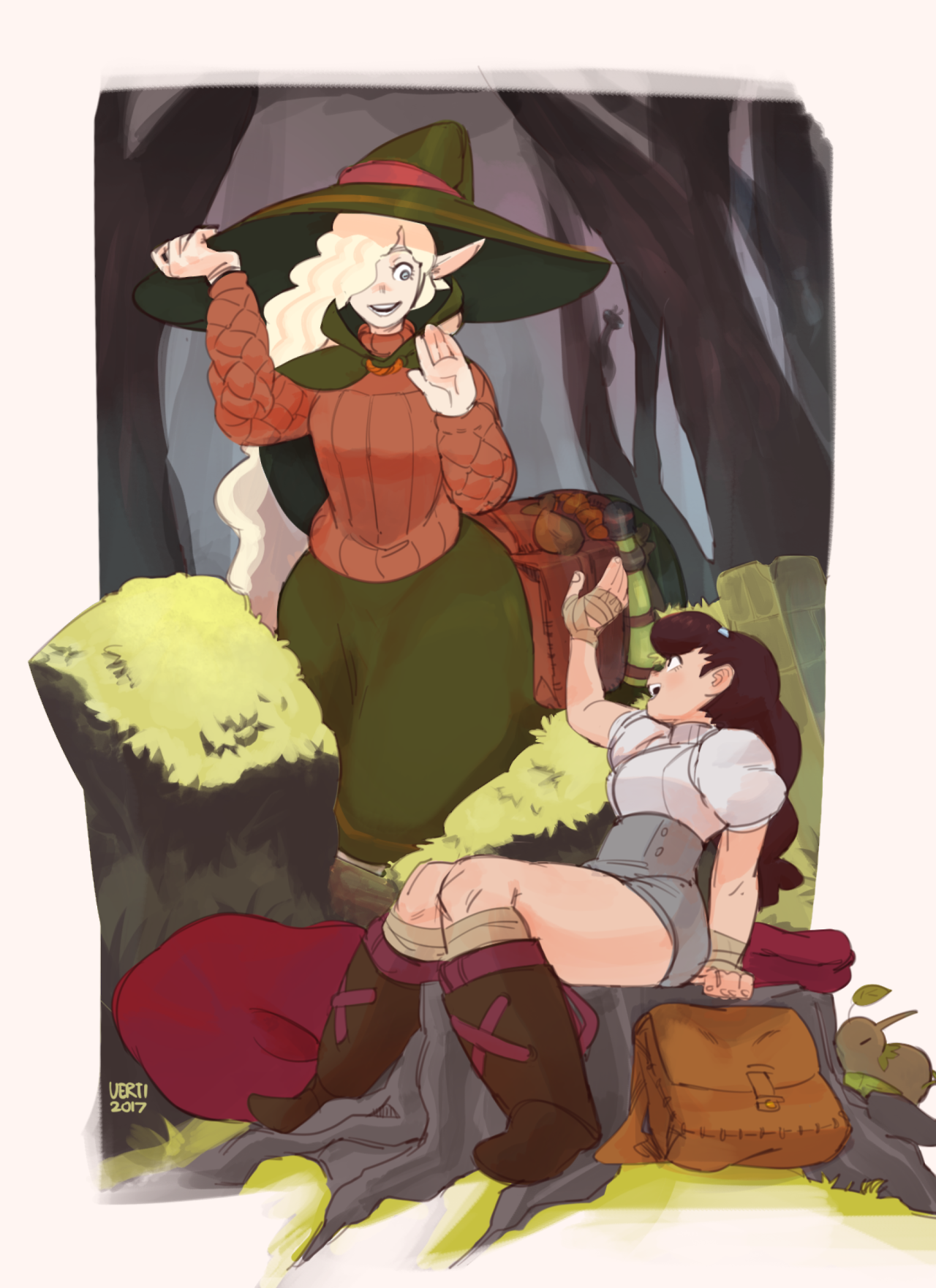the image is a digital illustration of a fantasy scene. two women are sitting in a forest setting. the woman in the green dress and hat looks like an elf or witch. she is holding a staff and has a friendly expression on her face. the woman in the white shirt and brown skirt looks surprised. she is looking up at the elf/witch and pointing at something offscreen. the setting appears to be a forested area with trees and bushes. the women are sitting on a rock with a satchel nearby.