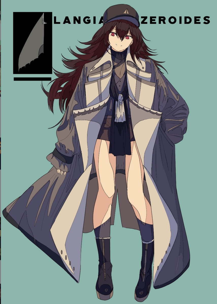 the image is a fullbody digital illustration of an animestyle female character. she has long, dark brown hair, and is wearing a darkgray/beige long coat over a darkcolored outfit. her hat is darkcolored with a subtle lightcolored emblem. her boots are darkcolored and appear to be sturdy. the background is a muted teal.  the text "langia zeriodes" appears at the top, suggesting this might be a character's name or title.  the style is clearly influenced by manga and anime conventions with a somewhat stylized approach to clothing and proportions. a black and gray stylized shark fin is in the upper left corner.