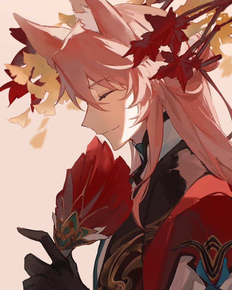 this is a digital art illustration of a pinkhaired anime girl with fox ears. she is smiling and has red eyes. she is wearing a red kimono with black gloves and fall leaves in her hair. she is holding a red flower in her left hand.  the background is a pale pink with fall leaves.