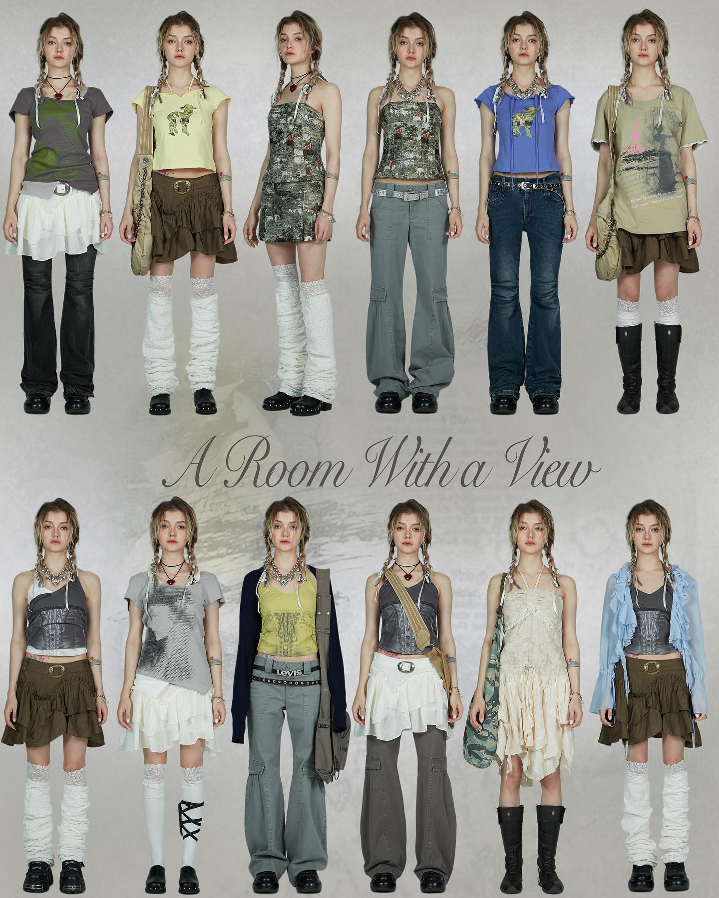 collage of photos showcasing twelve different fashion outfits. each outfit is worn by a young woman with long hair styled in braids, and each has a distinct style ranging from grunge to y2k. the background is a plain lightcolored wall, and the lighting is even. the overall aesthetic is alternative and indieinspired. the collage is titled "a room with a view" at the center.