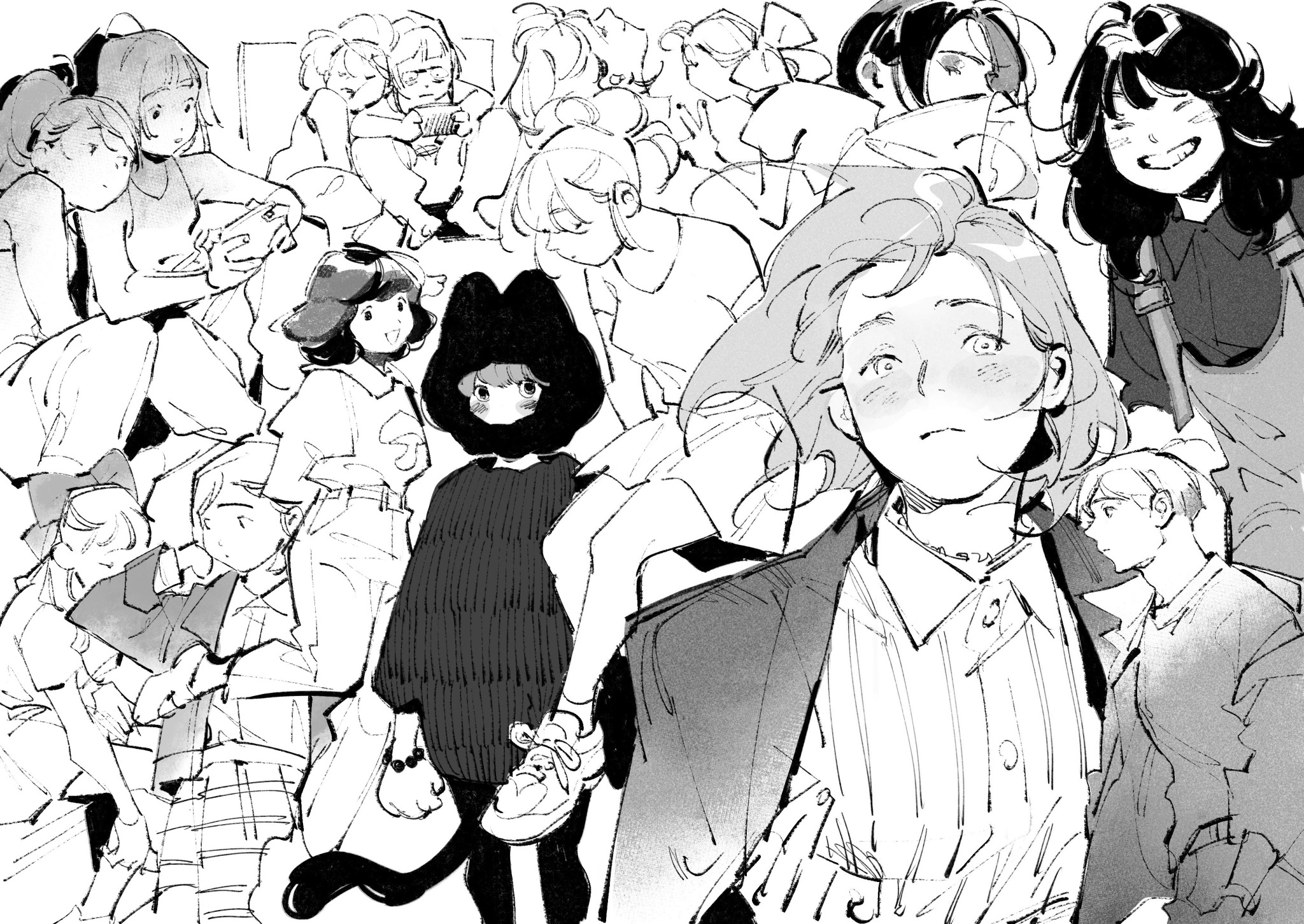 a black and white line art drawing of a group of people posing for a photo. they are all wearing stylish clothes and have unique hairstyles. the image has a casual and playful atmosphere.
