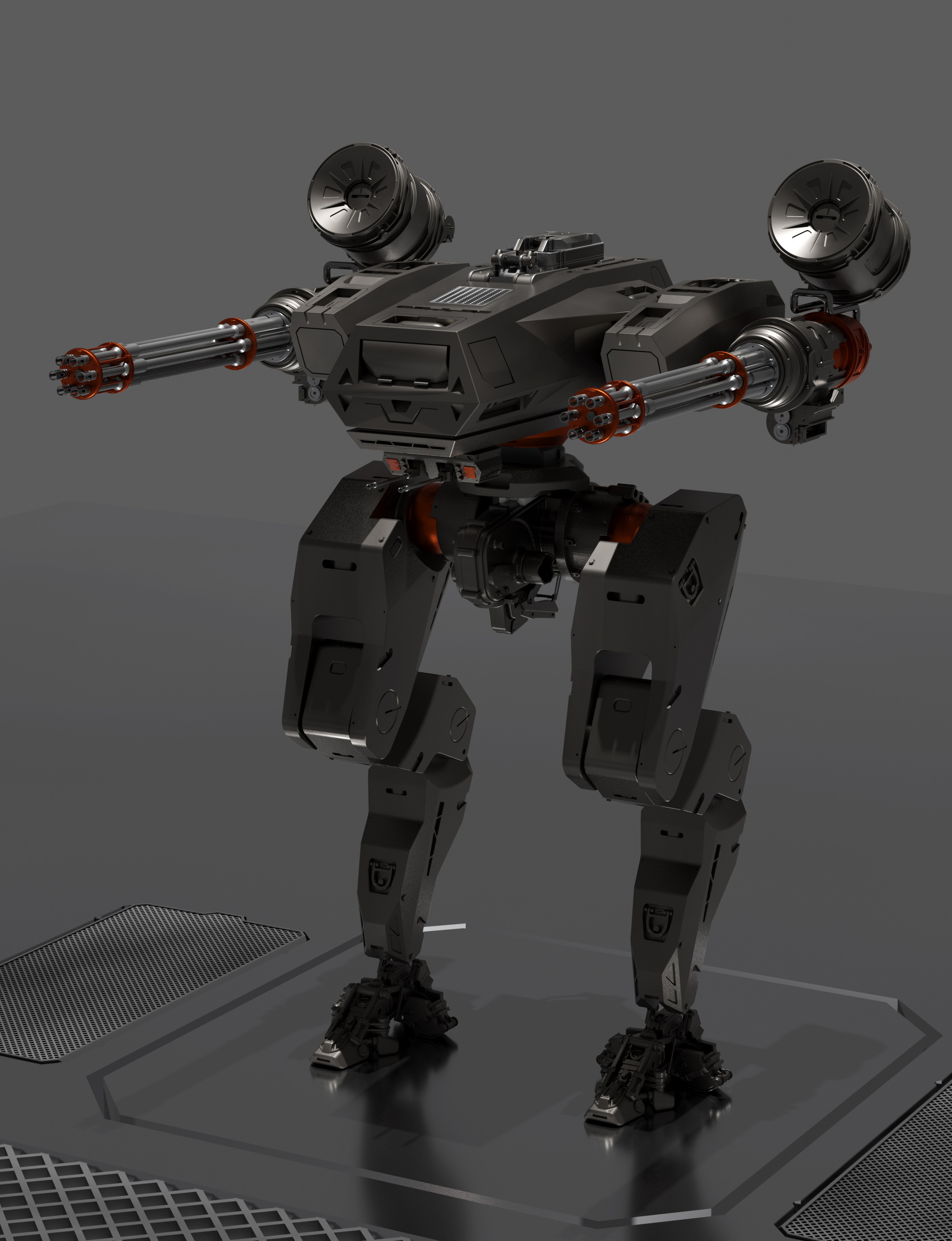 a futuristic robotic mech stands on a grey surface. the mech is grey and black with orange accents. the mech has two large cannons on its back and smaller cannons on its arms. the mech is in a combatready pose.