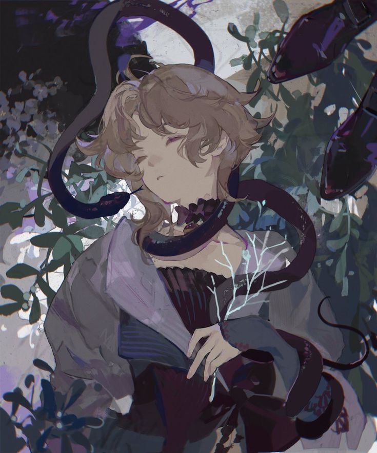 the image is a digital painting or illustration in an anime/manga style. it depicts a young woman with long, light brown hair, sleeping or in a state of repose. she is adorned in dark, elegant clothing with hints of purple and grey.  a large dark snake is wrapped around her neck and body, blending with the overall dark and muted color palette.  she holds a pale, branchlike object in her hands. the background includes dark foliage, flowers, and what appear to be dark, bootlike shapes, creating a mysterious and slightly whimsical atmosphere. the overall mood is serene, yet subtly gothic and dreamlike. the art style is characterized by soft lines and muted colors, with a focus on atmosphere and mood.