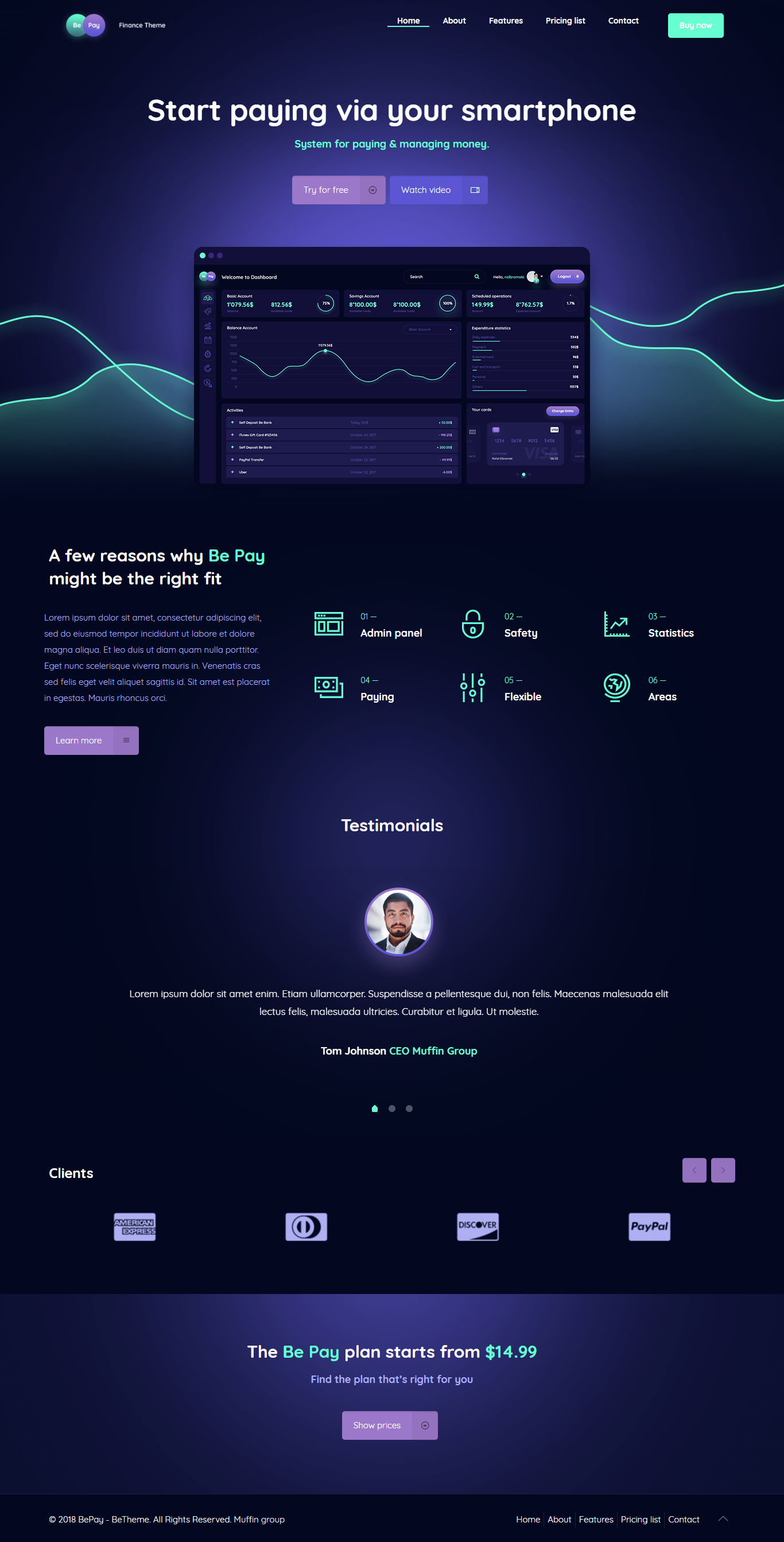 this is a promotional page for be pay, a mobile payment app. the page has a black background with a gradient to dark blue at the bottom. the page features a headline that reads, "start paying via your smartphone," followed by a description of the app. the page also includes screenshots of the app's interface and testimonials from users. the page also lists the features of the app, such as security, flexibility, and ease of use. at the bottom of the page is a call to action to learn more about the app.