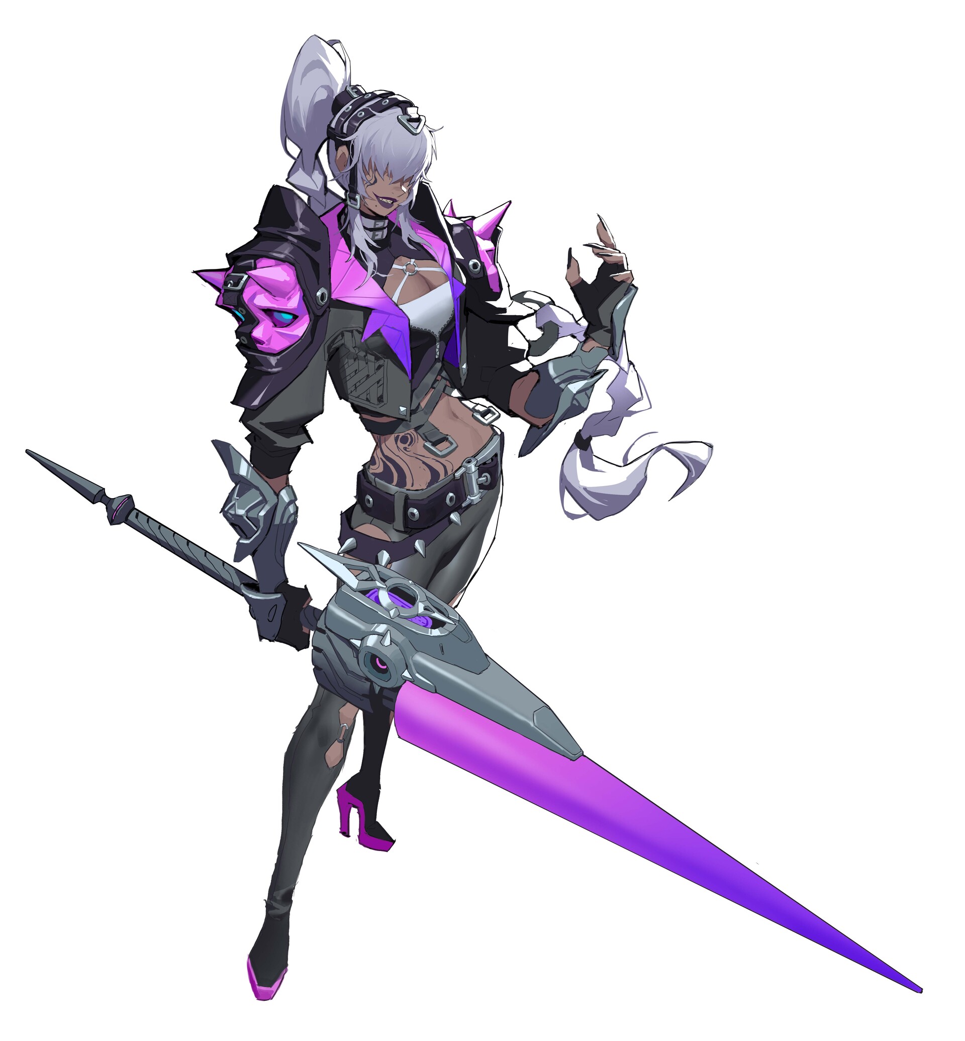 a full body illustration of a fantasy/anime female character with white hair in a high ponytail, wearing a black and pink jacket with spikes and a white top. she has tattoos visible on her abdomen, and wears black pants and heels. she's holding a large futuristic sword with a purple blade.