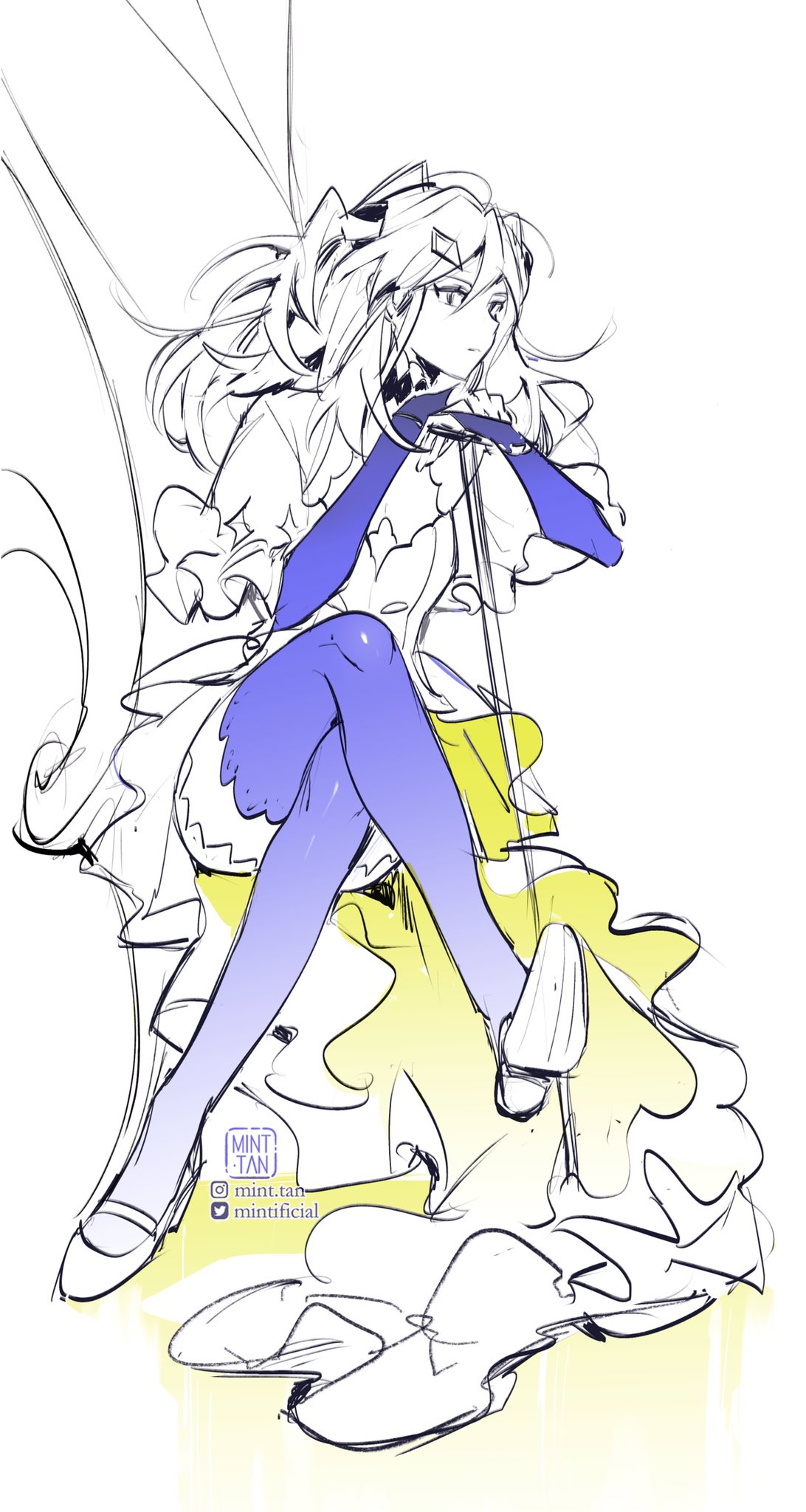 an anime girl with blonde hair and a blue and yellow dress is sitting on a chair. she is holding a stick and looks slightly annoyed.  it is a digital art illustration with soft lines.